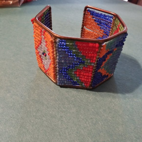 Colorful Hand Beaded Aztec Cuff Bracelet - Picture 3 of 6